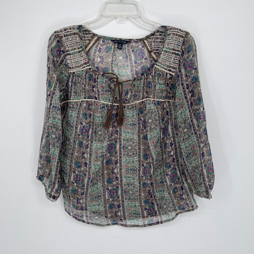 American Eagle Women's Multicolor Paisley Lurex Tassel Boho Blouse Size S